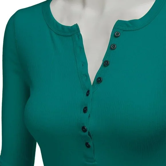 Green Ribbed Henley Top - Picture 3 of 8